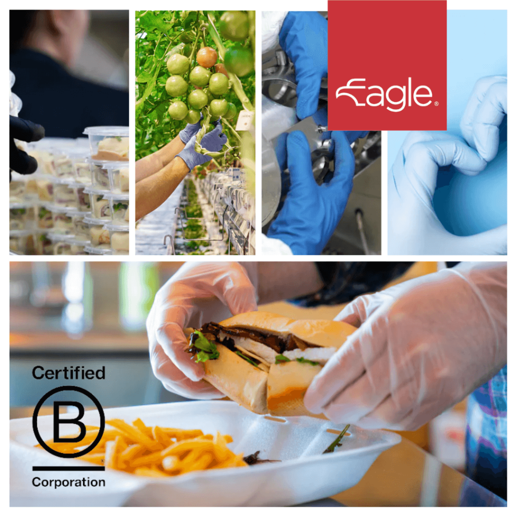 Promotional graphic of Eagle Gloves with photos of gloves being used in vairous industries.