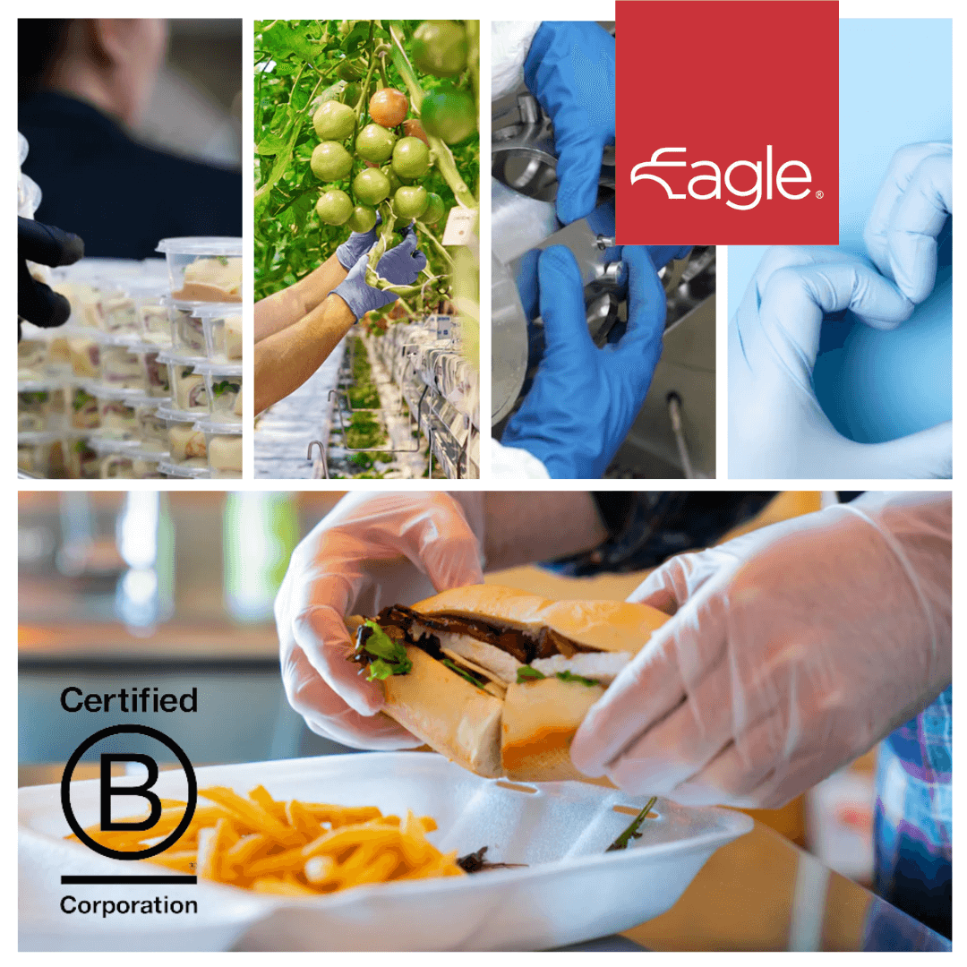 Promotional graphic of Eagle Gloves with photos of gloves being used in vairous industries.